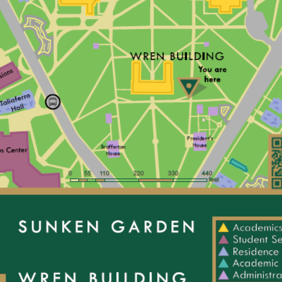 Signpost map of the sunken garden and historic campus at William & Mary.
